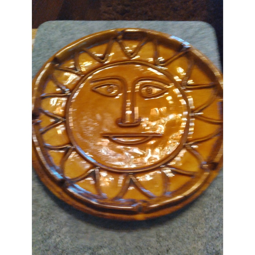 Vintage Pottery Wall Decor Sun Face Plate Textured Tray